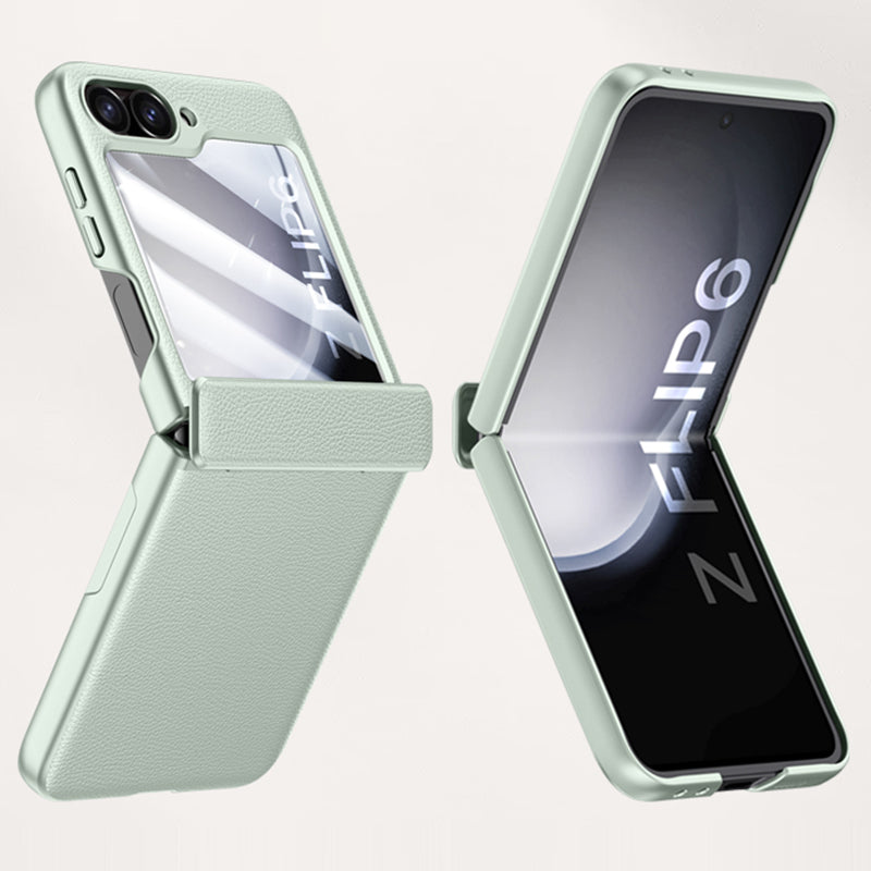 For Samsung Galaxy Z Flip6 5G Case Leather+PC Hinge Design Phone Cover with Rear Screen Film - Titanium Grey For Samsung Galaxy Z Flip6 5G Case Leather+PC Hinge Design Phone Cover with Rear Screen Film - Titanium Grey
